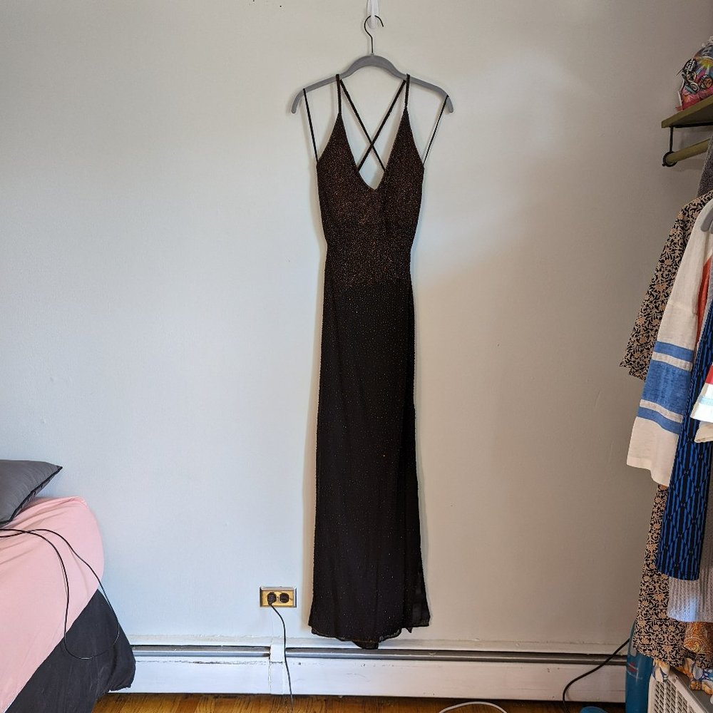 SCALA Formal Full Length Beaded Dress Side Slits Copper to Black M